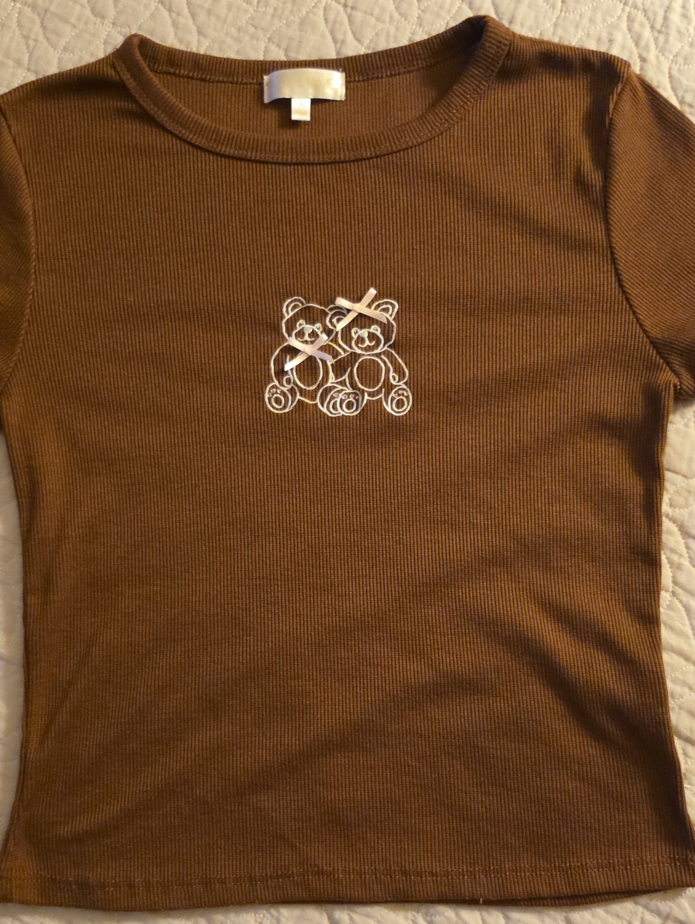 Chocolate Brown Ribbed Baby Tee with Embroidered Teddy Bears & Bows 🧸✨
